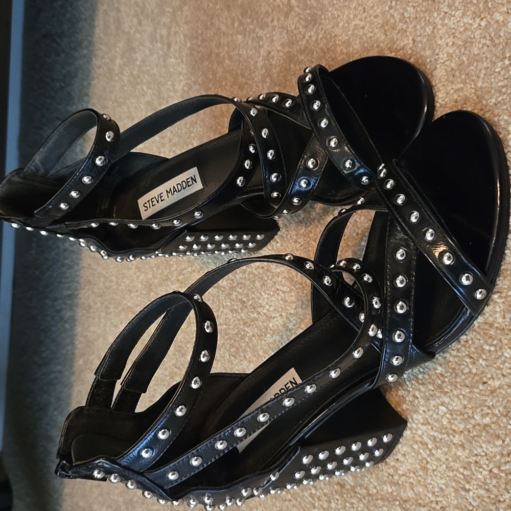 Steve Madden Black Strappy Silver Studded Heels